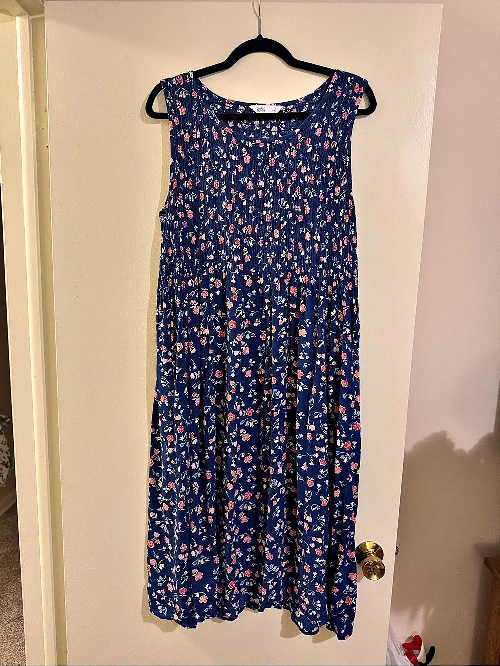 Dark Blue Smocked Ditsy Floral Cottagecore Prairie Midi Dress Large